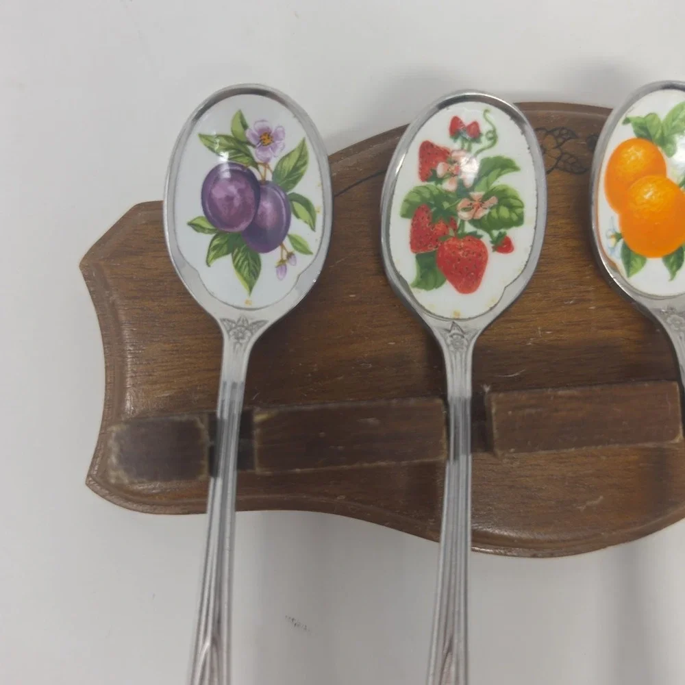 Vintage Avon Fruit de Saison Collector Spoons- Set of 4 with Wooden Rack - Japan